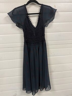 Free People Navy Crochet Bodice Midi Dress with Subtle Burgundy Floral